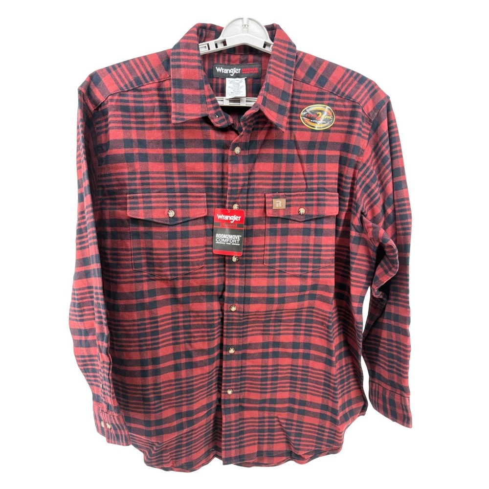 Wrangler Riggs Workwear Mens Red Black Plaid Flannel Shirt XXL Room2Move Comfort